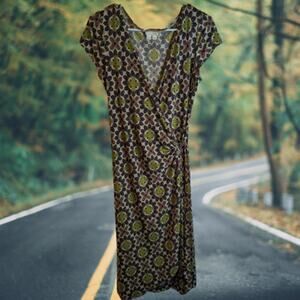 London Times 10 capped sleeve green tan black real wrap poly blend stretch dress